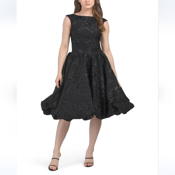 Jovani Sleeveless Floral Jacquard Fit and Flare Ballon Skirt Midi Dress